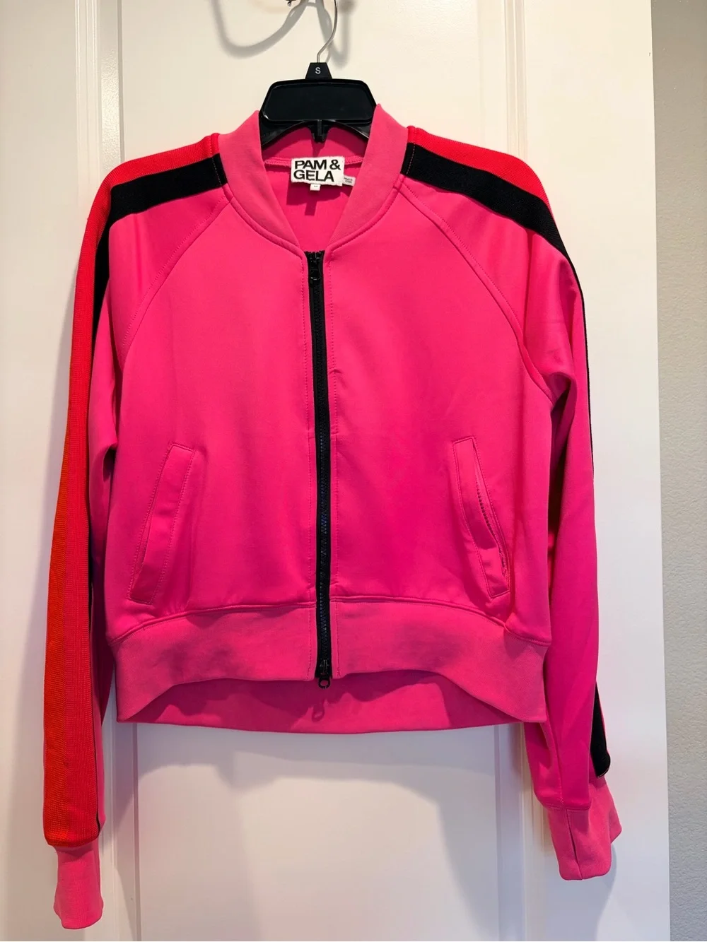 Pam & Gela Hot Pink Bomber Jacket with Black & Red Accents Size M Stretchy - Picture 1 of 4